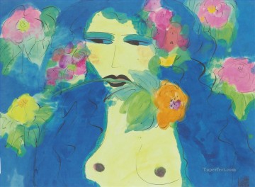 Mujer con flor en la boca moderna. Pinturas al óleo